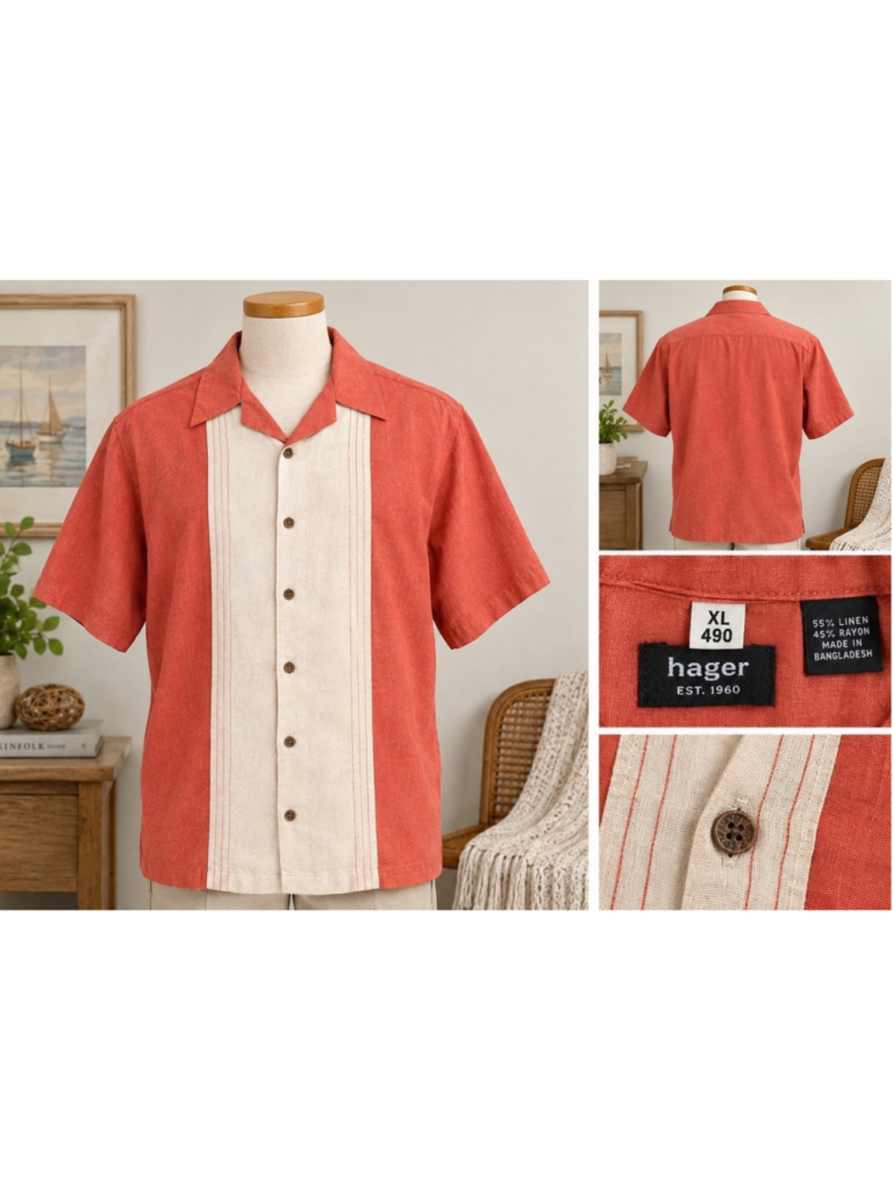 Hager Men’s XL Linen Rayon Blend Short Sleeve Shirt Coral Beige Button Front